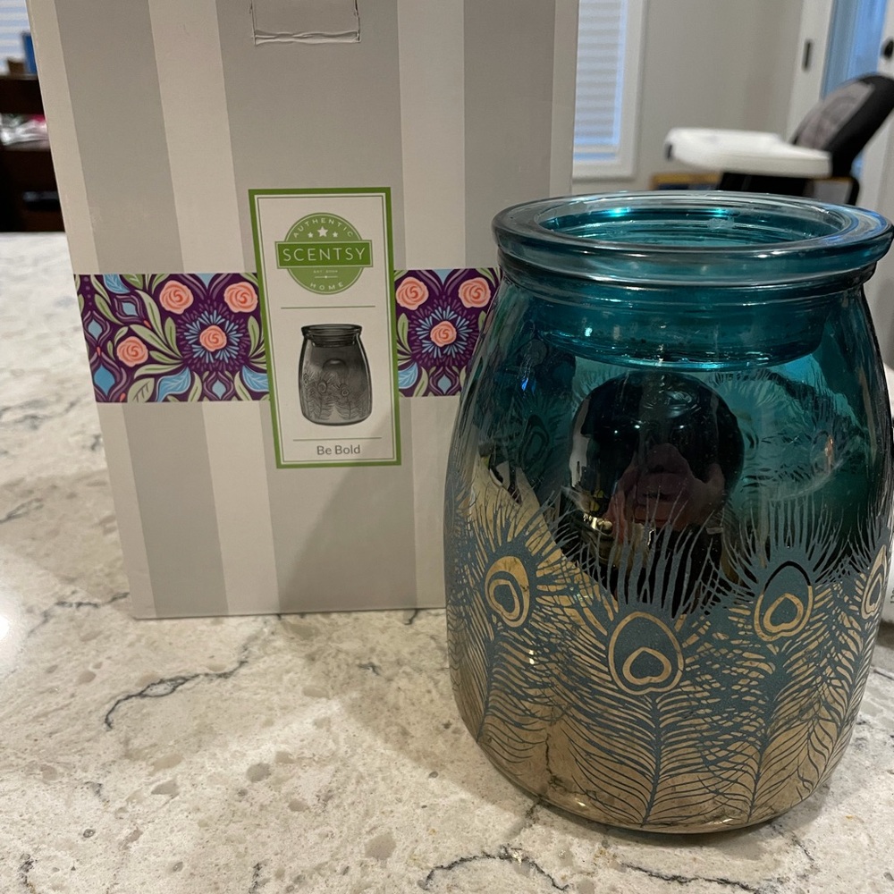 Scentsy Peacock Feather Teal and Gold Candle Holder
